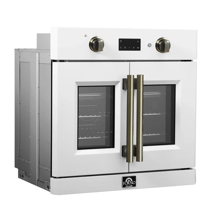 Forno Asti 30"French Door Electric Wall Oven in White with Antique Brass Trim, FBOEL1333-30WHT