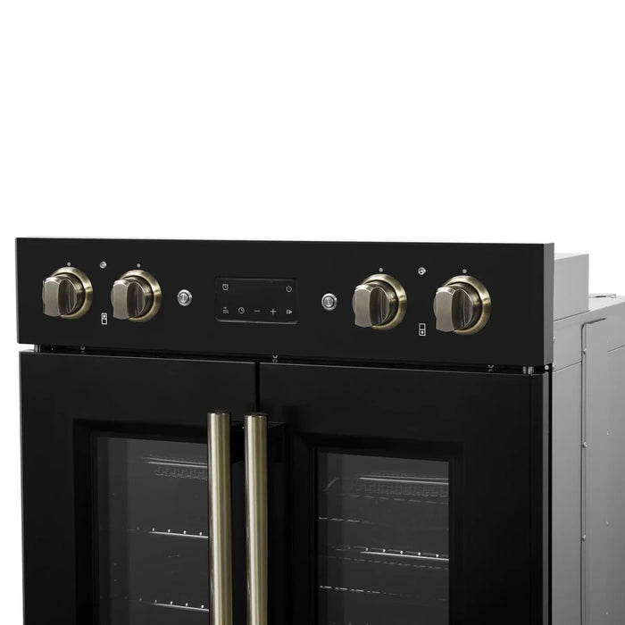 Forno Asti 30" Double Electric Wall Oven, Upper French Doors, Black with Antique Brass Trim, FBOEL1340-30BLK