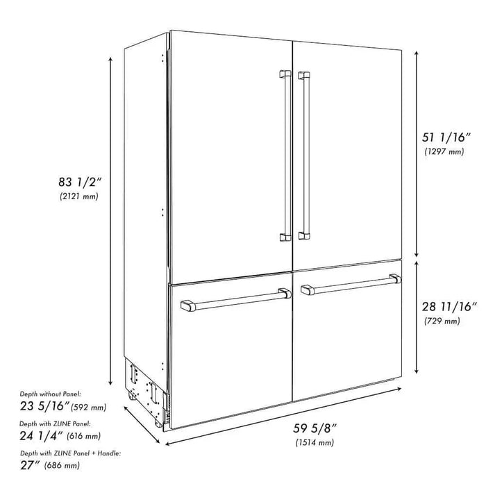 ZLINE 60" Panel Ready Built-In Bottom Freezer Refrigerator,Water Dispenser, Ice Maker, DuraSnow® Stainless Steel,Graphite Gray, GRBIV-SN-6009K