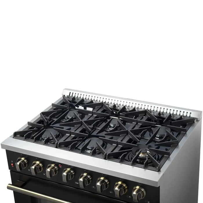 Forno Galiano Gold Professional - 36"Freestanding Dual Fuel Range Gas Stove, Electric Oven Black, Antique Brass Trim, FFSGS6156-36BLK