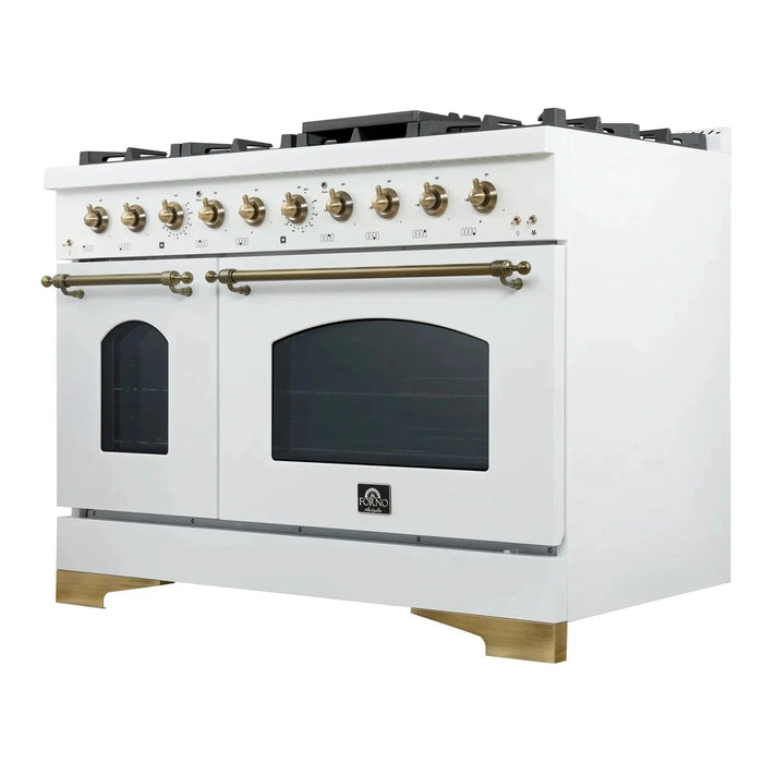 Forno Antico 48"Dual Range, 8 Gas Burner Cooktop, Electric Convection Oven White, Antique Brass Trim, FFSGS6113-48WHT