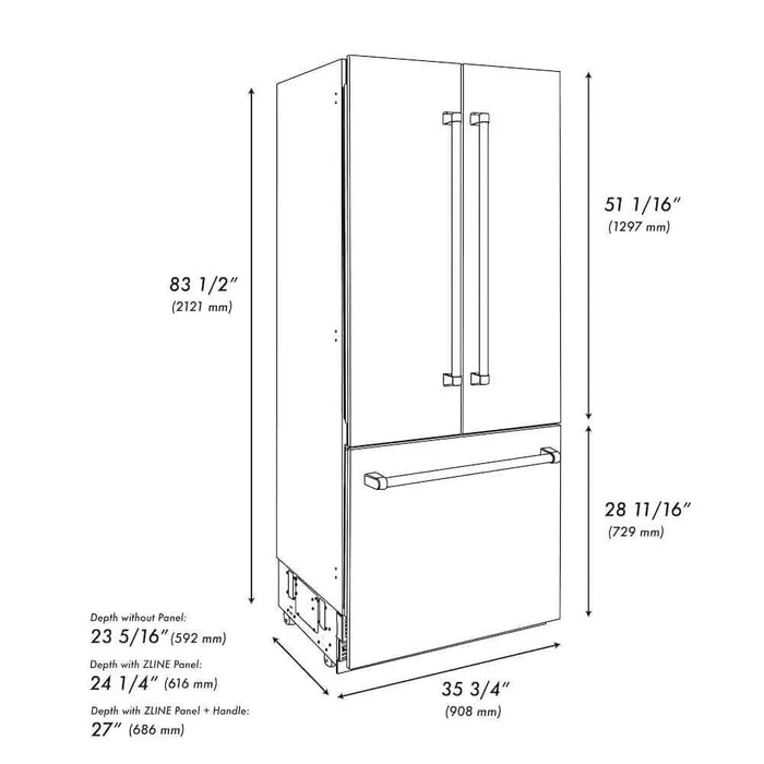 ZLINE 36" Built-In Bottom Freezer Refrigerator with Water Dispenser, Ice Maker, DuraSnow® Stainless Steel, Graphite Gray Interior, Champagne Bronze GRBIVZ-SN-36-CB09K
