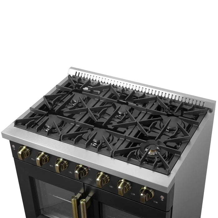 Forno Galiano 36." French Door All Gas Range, Black, Antique Brass Trim,FFSGS6444-36BLK
