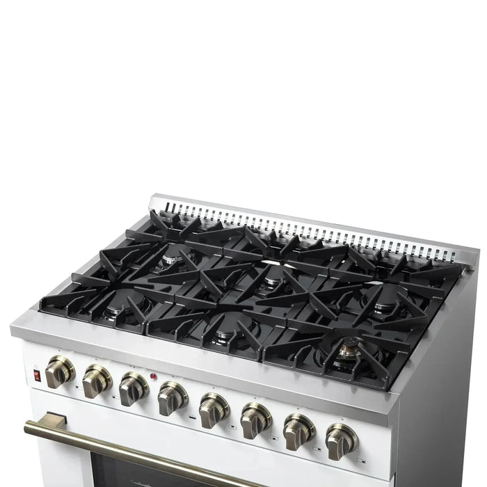 Forno Galiano Gold Professional - 36"Freestanding Dual Fuel Range Gas Stove, Electric Oven White, Antique Brass Trim, FFSGS6156-36WHT