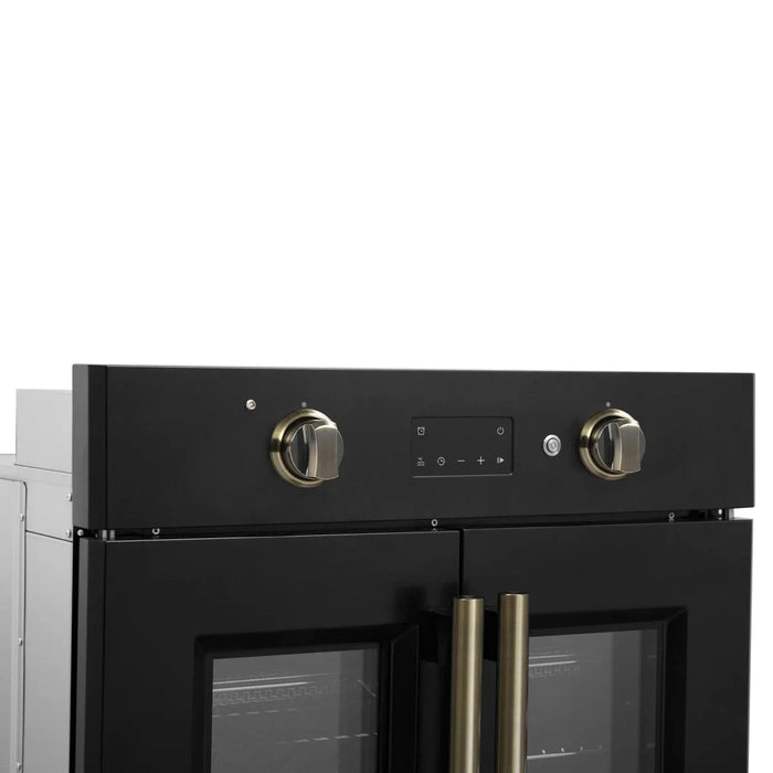 Forno Asti 30"French Door Electric Wall Oven in Black with Antique Brass Trim, FBOEL1333-30BLK