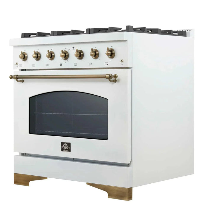 Forno Antico 36" Dual Fuel Range White and Antique Brass Design 6 Sealed Gas Burners Electric Convection Oven , FFSGS6113-36WHT