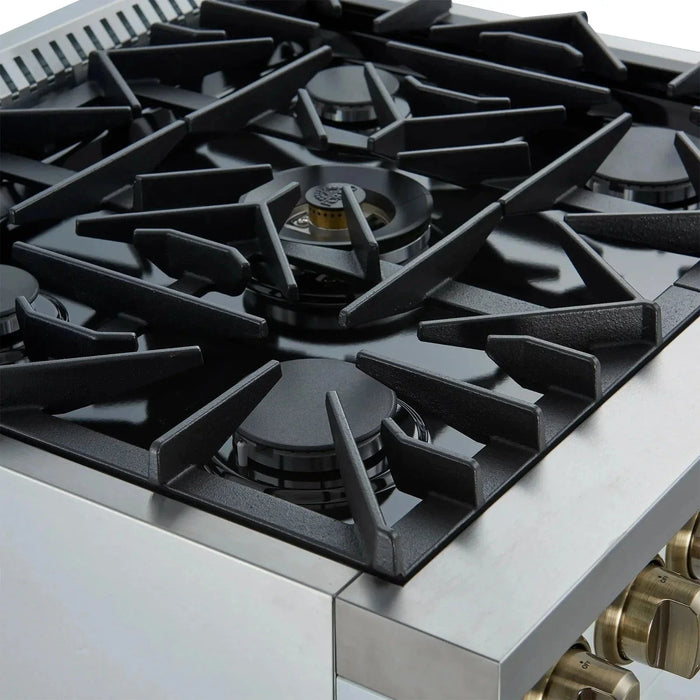 Forno Galiano 30"French Door Dual Fuel Range 5 Gas Burners, Electric Convection Oven White, Antique Brass Trim, FFSGS6356-30WHT