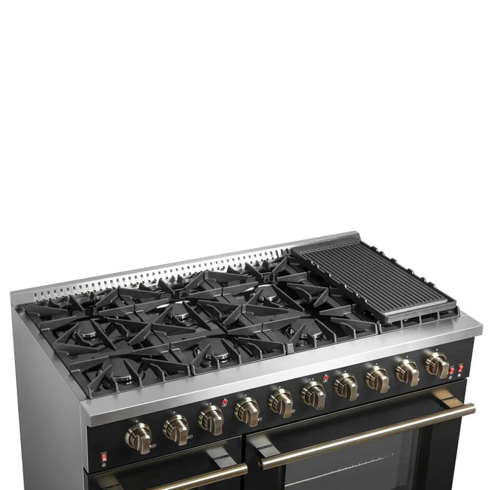Forno Galiano 48"French Door Freestanding All Gas Range, Black with Antique Brass Trim, FFSGS6444-48BLK