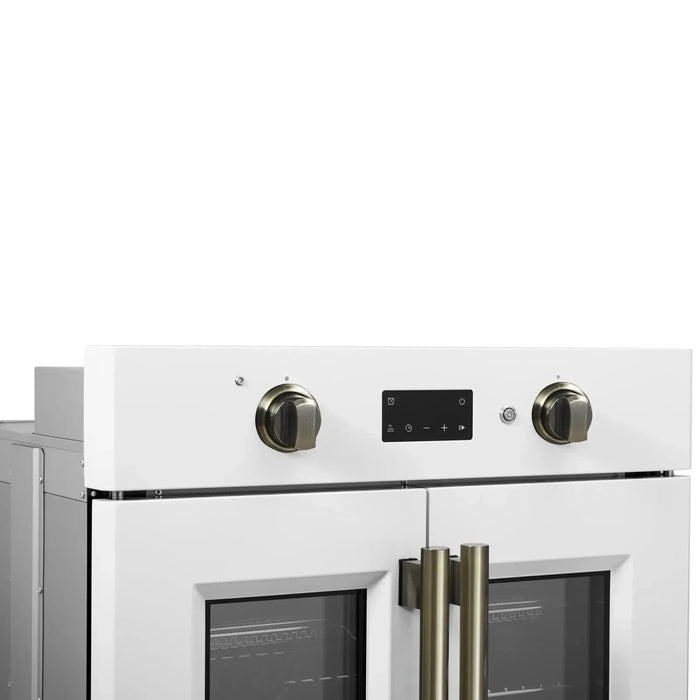 Forno Asti 30"French Door Electric Wall Oven in White with Antique Brass Trim, FBOEL1333-30WHT