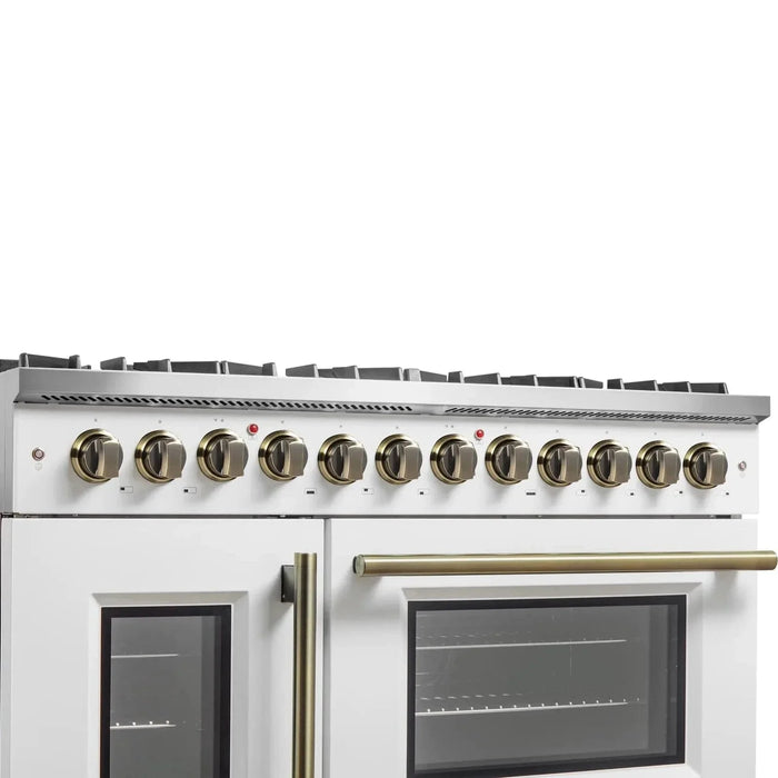 Forno Galiano 48" French Door Dual Fuel Range, 8 Burners, Electric Convection Oven, White Antique Brass Trim, FFSGS6356-48WHT