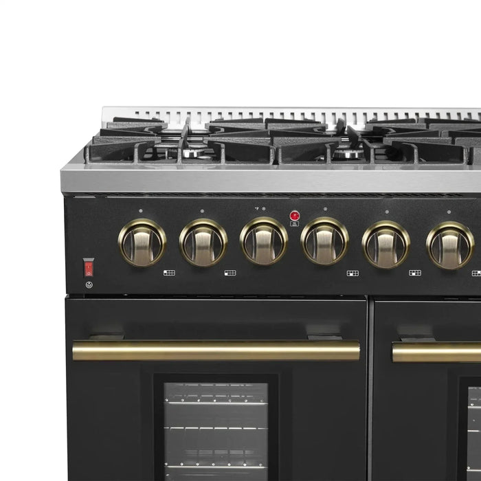 Forno Galiano 48"French Door Freestanding All Gas Range, Black with Antique Brass Trim, FFSGS6444-48BLK