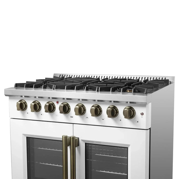 Forno Galiano 36"French DoorDual Fuel Range, Gas Stove, Electric Oven White, Antique Brass Trim, FFSGS6356-36WHT