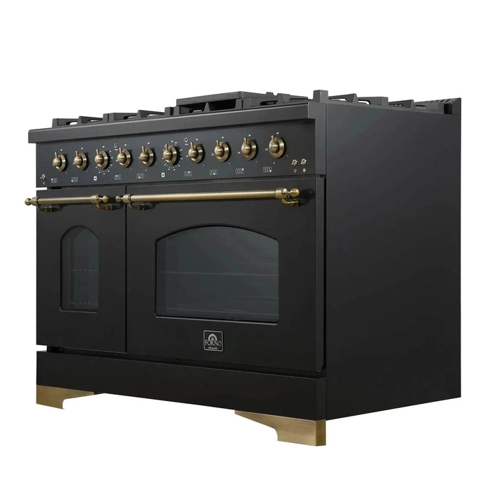 Forno Antico 48"Gas Range 8 Gas Burner Cooktop, Gas Convection Oven Black, Antique Brass Trim, FFSGS6219-48BLK