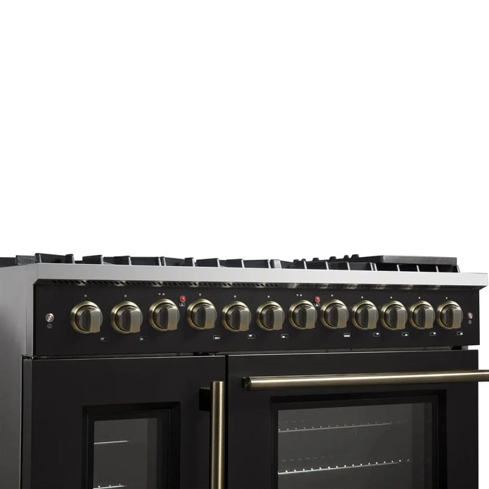 Forno Galiano 48" French Door Dual Fuel Range, 8 Burners, Electric Convection Oven, Black Antique Brass Trim, FFSGS6356-48BLK