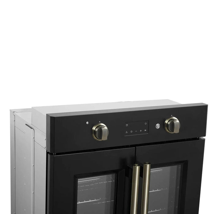 Forno Asti 30"French Door Electric Wall Oven in Black with Antique Brass Trim, FBOEL1333-30BLK