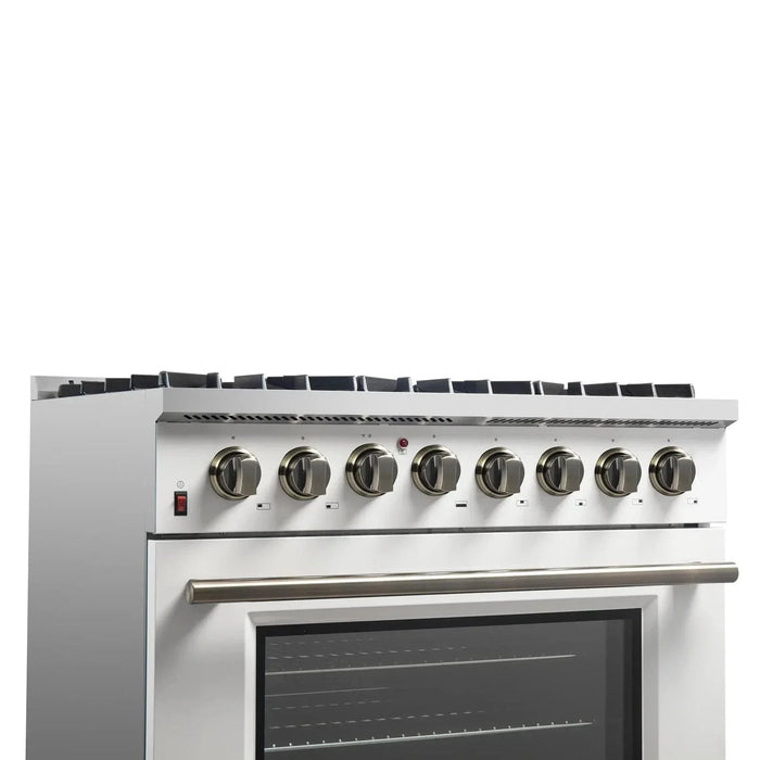 Forno Galiano Gold Professional - 36"Freestanding Dual Fuel Range Gas Stove, Electric Oven White, Antique Brass Trim, FFSGS6156-36WHT