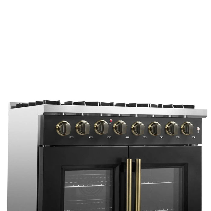 Forno Galiano 36"French DoorDual Fuel Range, Gas Stove, Electric Oven Black, Antique Brass Trim, FFSGS6356-36BLK
