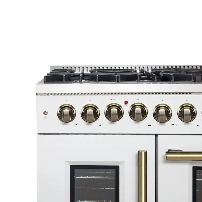 Forno Galiano 48" French Door Dual Fuel Range, 8 Burners, Electric Convection Oven, White Antique Brass Trim, FFSGS6356-48WHT