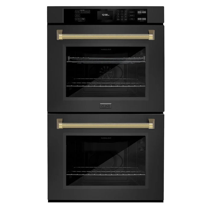 ZLINE Autograph Edition 30" Professional True Convection Double Wall Oven, Air Fry, Self Clean, Black Stainless Steel, Helix Handles WADBZ-30-KCB