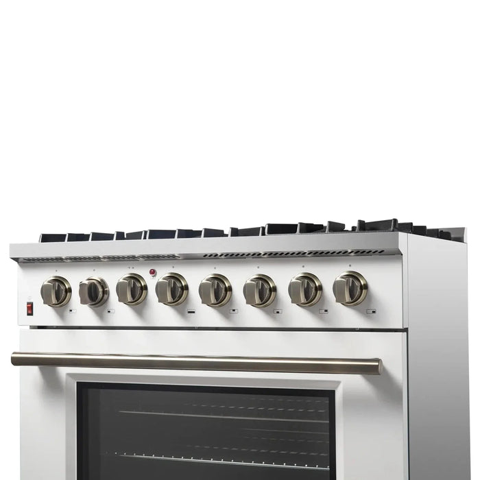Forno Galiano Gold Professional - 36"Freestanding Dual Fuel Range Gas Stove, Electric Oven White, Antique Brass Trim, FFSGS6156-36WHT