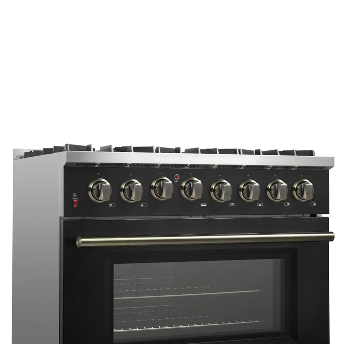 Forno Galiano Gold Professional - 36"Freestanding Dual Fuel Range Gas Stove, Electric Oven Black, Antique Brass Trim, FFSGS6156-36BLK