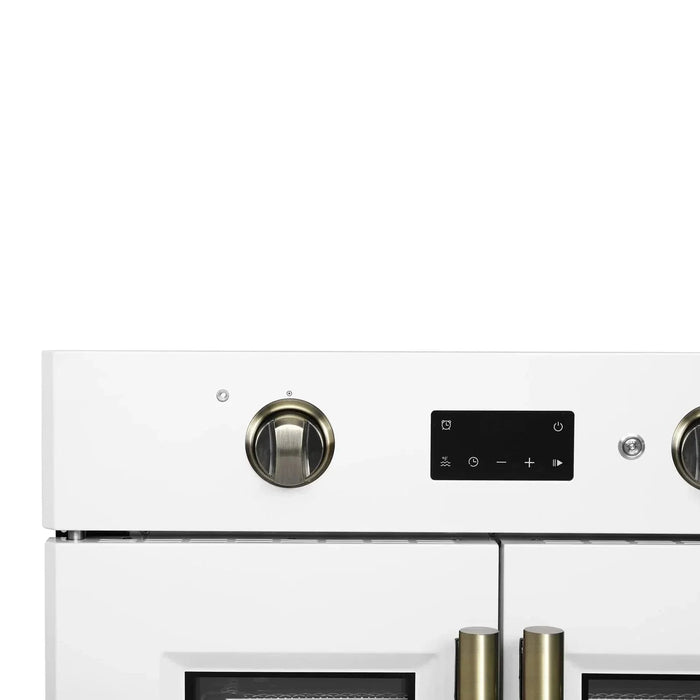Forno Asti 30"French Door Electric Wall Oven in White with Antique Brass Trim, FBOEL1333-30WHT