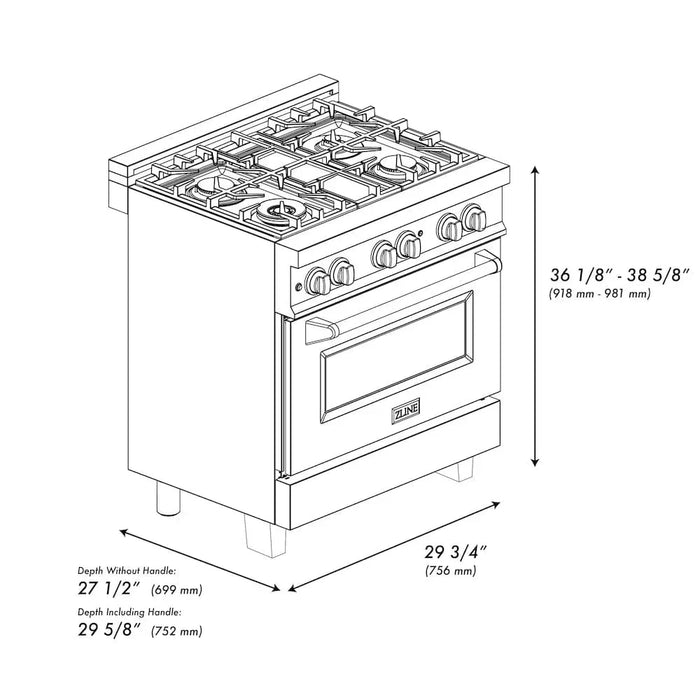 ZLINE 30" Dual Fuel Range, Snow Stainless, Snow Stainless Door, Griddle RAS-SN-GR-30