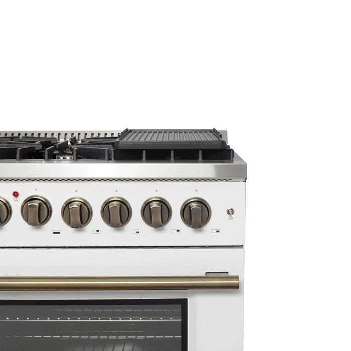 Forno Galiano 48" French Door Dual Fuel Range, 8 Burners, Electric Convection Oven, White Antique Brass Trim, FFSGS6356-48WHT