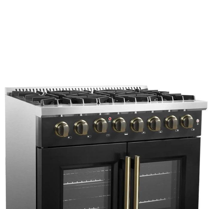Forno Galiano 36"French DoorDual Fuel Range, Gas Stove, Electric Oven Black, Antique Brass Trim, FFSGS6356-36BLK
