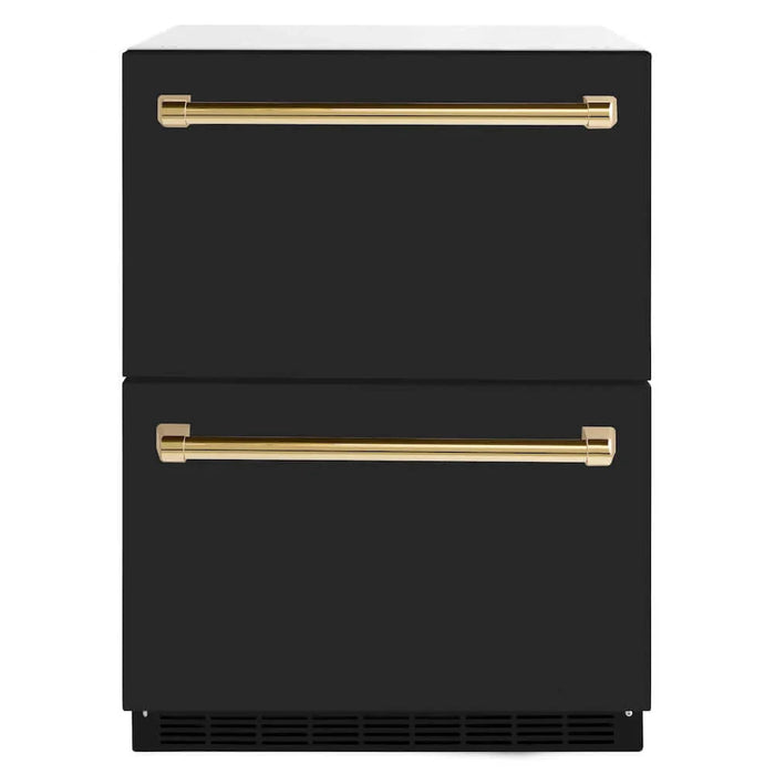 ZLINE Autograph Edition 24" Touchstone 168 Can Outdoor-Rated Dual Refrigerator Drawer, Black Matte Door, Accents  RDSOZ-BLM-24-CB