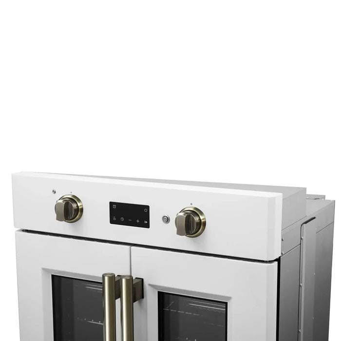 Forno Asti 30"French Door Electric Wall Oven in White with Antique Brass Trim, FBOEL1333-30WHT