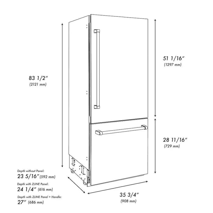 ZLINE 36" Built-In Bottom Freezer Refrigerator,Water Dispenser, Ice Maker, Matte Black RBITZ-304-36MB09K