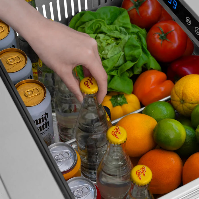 ZLINE Autograph Edition 24" Touchstone 168 Can Outdoor-Rated Dual Refrigerator Drawer, Stainless Steel Doors, Helix Handle RDSOZ-ST-24-KCB