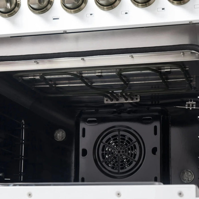 Forno Galiano 48" French Door Dual Fuel Range, 8 Burners, Electric Convection Oven, White Antique Brass Trim, FFSGS6356-48WHT