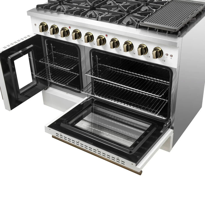 Forno Galiano 48"French Door Freestanding All Gas Range, White with Antique Brass Trim, FFSGS6444-48WHT