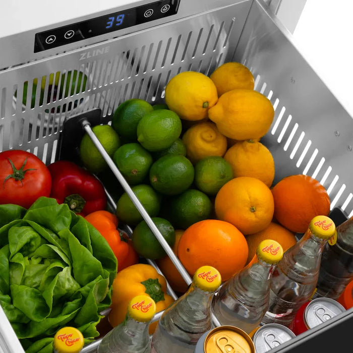 ZLINE Autograph Edition 24" Touchstone 168 Can Outdoor-Rated Dual Refrigerator Drawer, Black Stainless Steel Doors, Helix Handles RDSOZ-BS-24-KCB