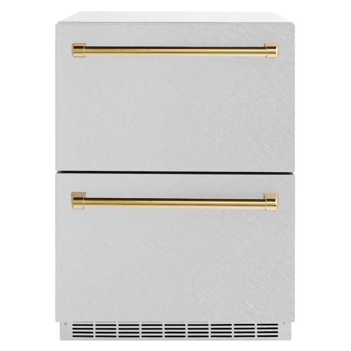 ZLINE Autograph Edition 24" Touchstone 168 Can Outdoor-Rated Dual Refrigerator Drawer, Satin Stainless Steel Door, Accents  RDSOZ-SN-24-CB