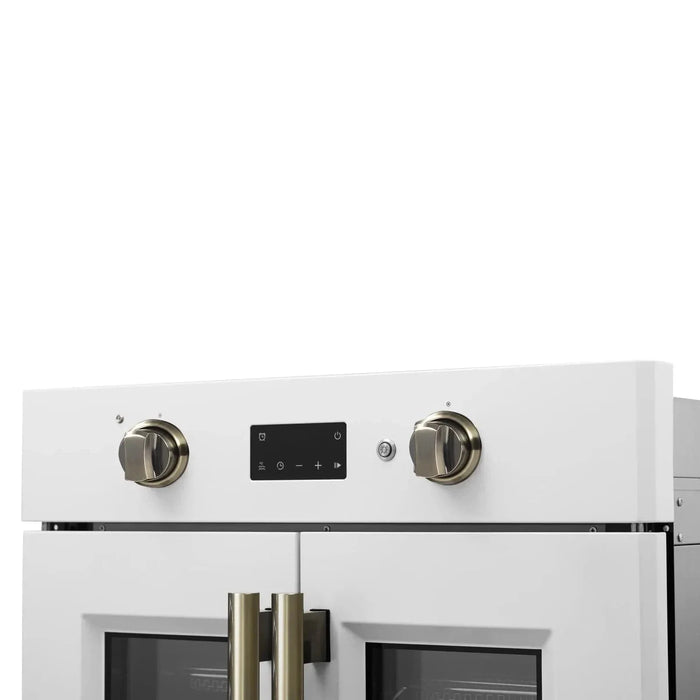 Forno Asti 30"French Door Electric Wall Oven in White with Antique Brass Trim, FBOEL1333-30WHT