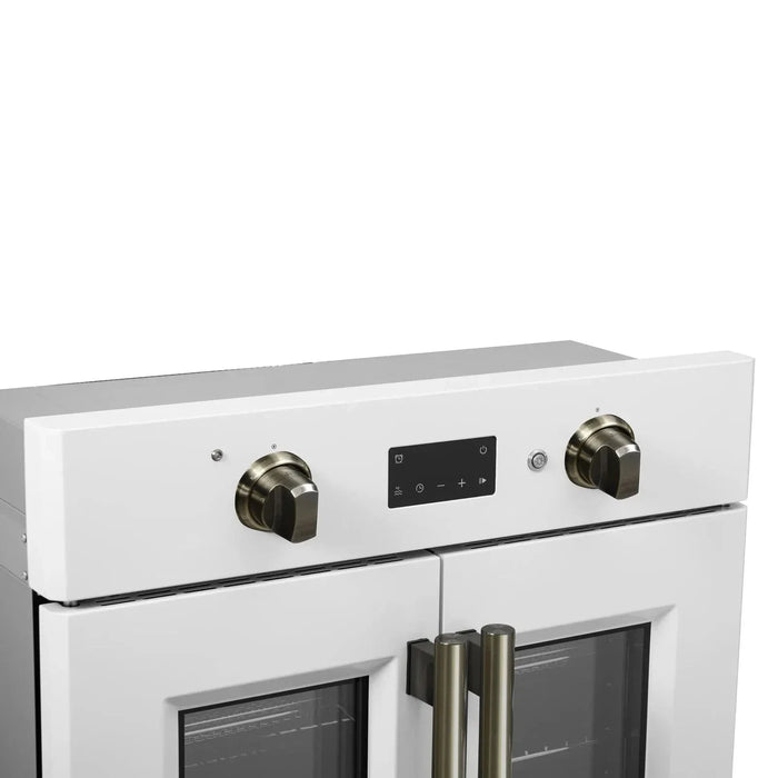 Forno Asti 30"French Door Electric Wall Oven in White with Antique Brass Trim, FBOEL1333-30WHT