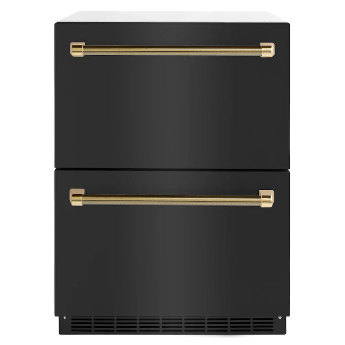 ZLINE Autograph Edition 24" Touchstone 168 Can Outdoor-Rated Dual Refrigerator Drawer, Black Stainless Steel Doors, Helix Handles RDSOZ-BS-24-KCB