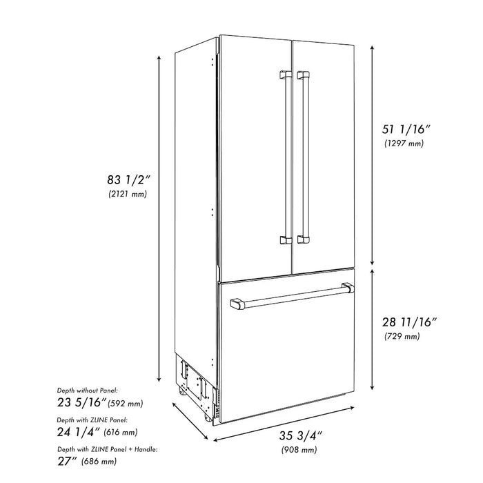 ZLINE 36" French Door Built-In Bottom Freezer Refrigerator, Water Dispenser, Ice Maker, Stainless Steel SRBIV-304-3609K