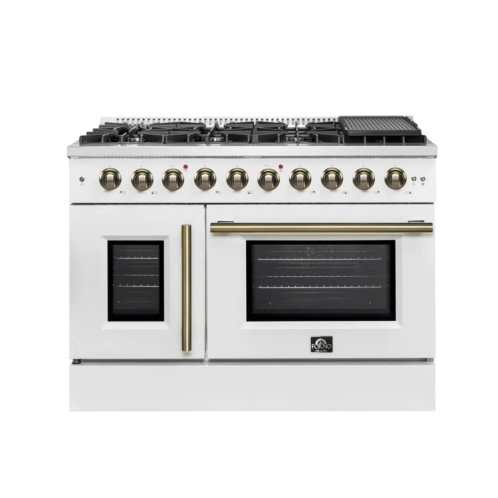 Forno Galiano 48"French Door Freestanding All Gas Range, White with Antique Brass Trim, FFSGS6444-48WHT