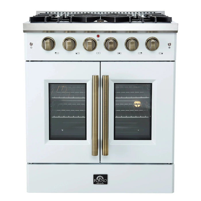 Forno Galiano 30" French Door Gas on Gas Range White Antique Brass Trim FFSGS6444-30WHT