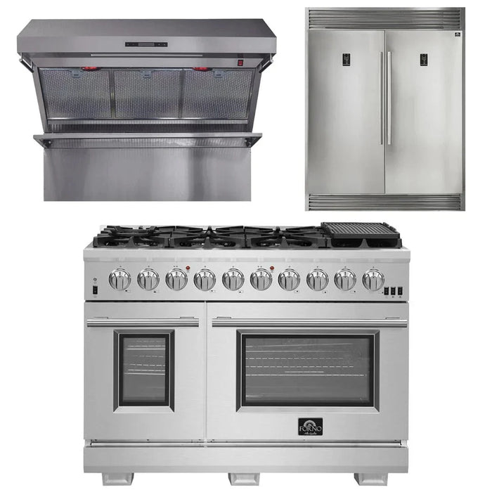 Forno Appliance Package - 48 Inch Pro Gas Range, Wall Mount Range Hood, Refrigerator FBDL-019-05US