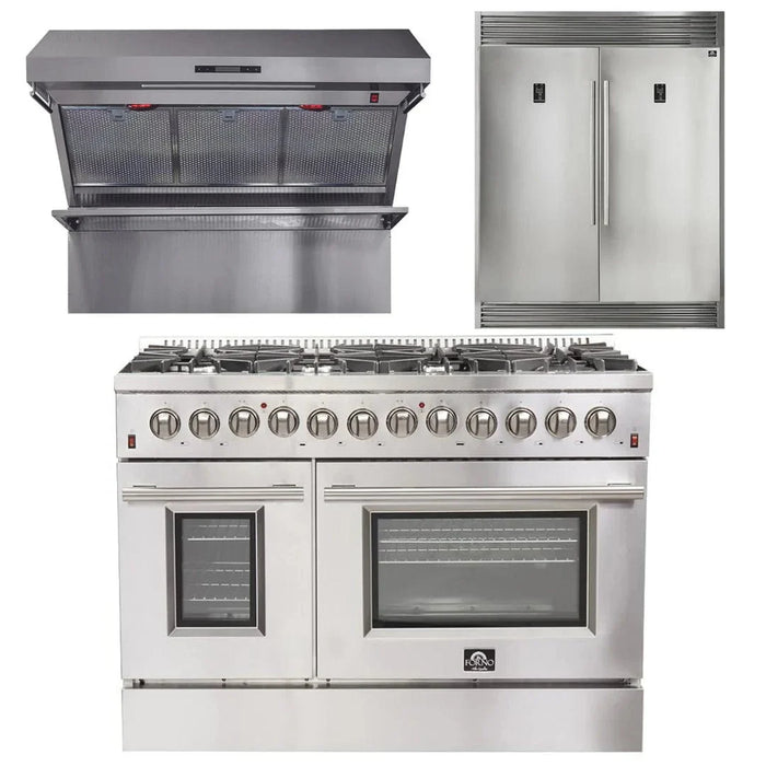 Forno Appliance Package - 48" Dual Fuel Range, Wall Mount Range Hood, 60" Refrigerator FBDL-017-02US