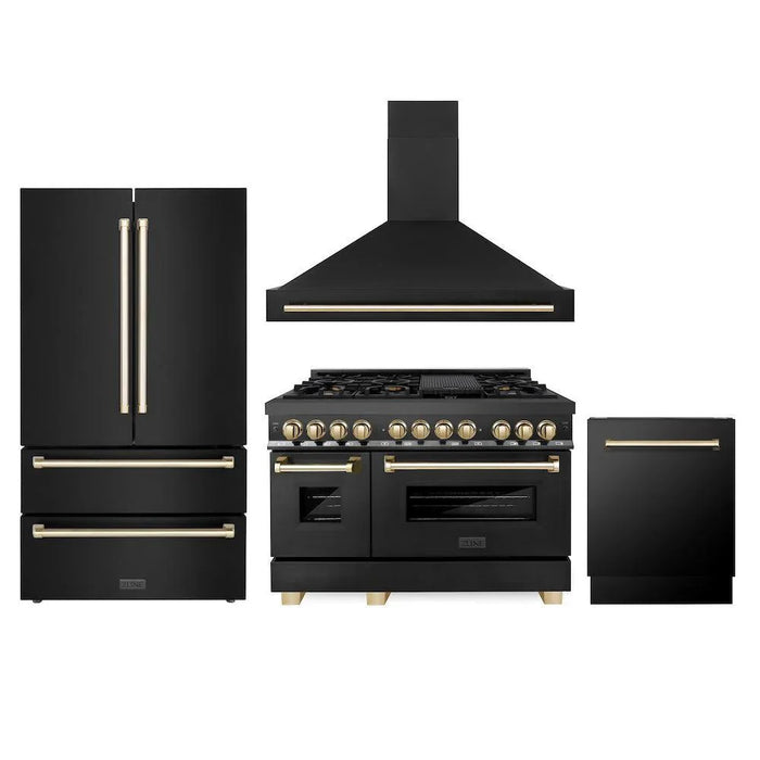 ZLINE Autograph Edition 48"Kitchen Package, Black Stainless Steel Dual Fuel Range, Range Hood, Dishwasher and Refrigeration, 4AKPR-RABRHDWV48-G