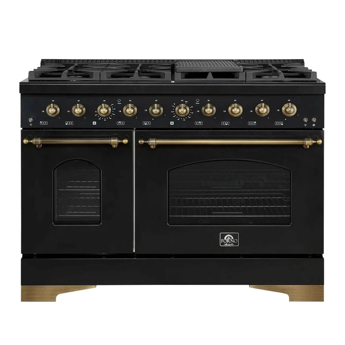 Forno Antico 48"Gas Range 8 Gas Burner Cooktop, Gas Convection Oven Black, Antique Brass Trim, FFSGS6219-48BLK