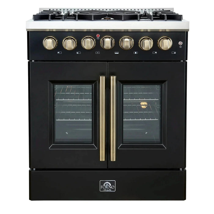 Forno Galiano 30"French Door Dual Fuel Range 5 Gas Burners, Electric Convection Oven Black, Antique Brass Trim, FFSGS6356-30BLK