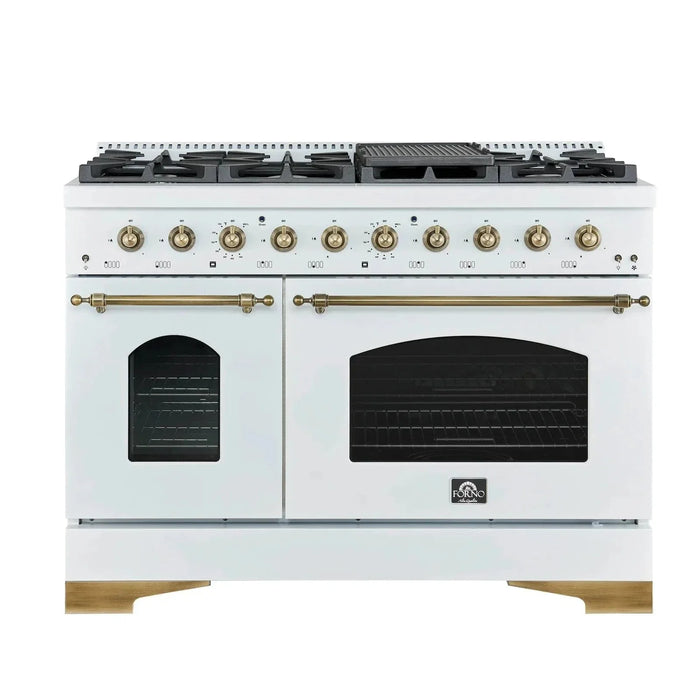Forno Antico 48"Dual Range, 8 Gas Burner Cooktop, Electric Convection Oven White, Antique Brass Trim, FFSGS6113-48WHT