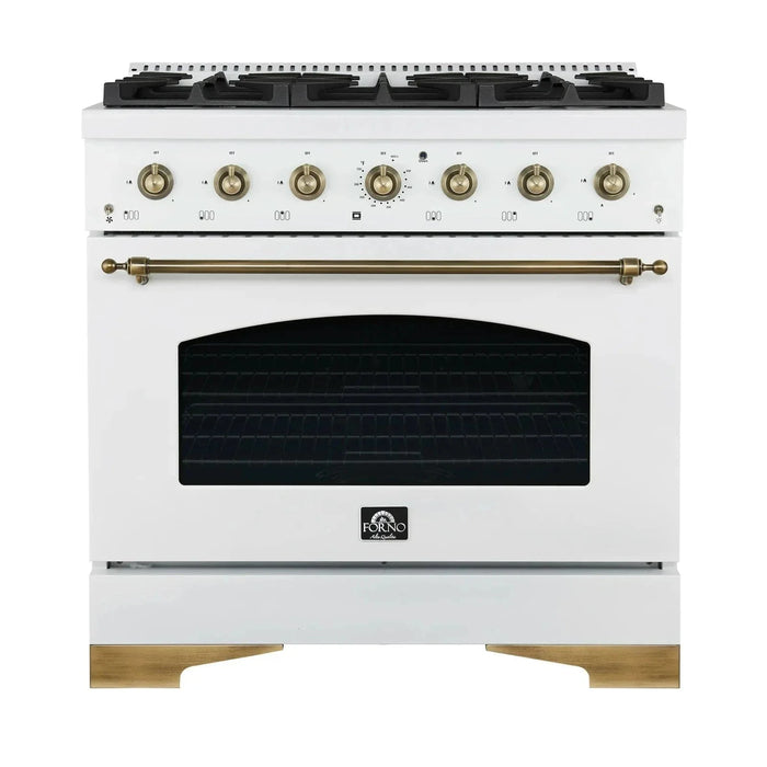 Forno Antico 36" Gas Range 6 Gas Burner Cooktop, Gas Convection Oven White, Antique Brass Trim, FFSGS6219-36WHT